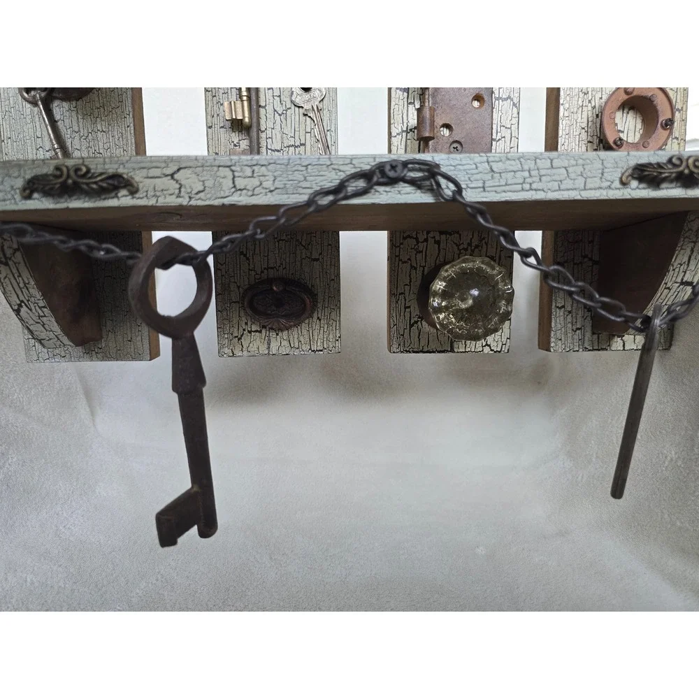 Steampunk Rustic Wood Wall Shelf Vintage Keys Doorknob Crackle Finish Farmhouse